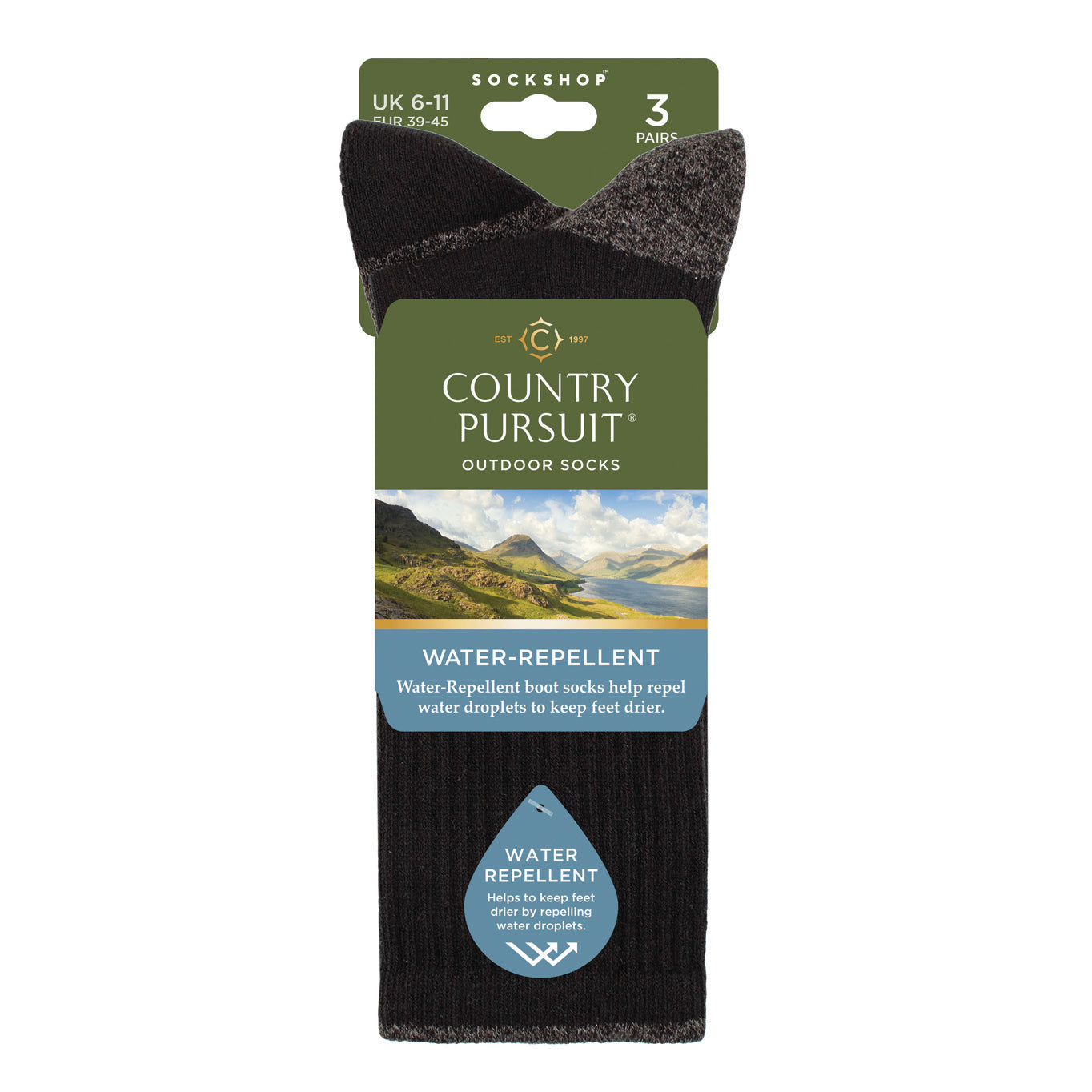 3 Pairs Men's Water Repellent Boot Socks - Black