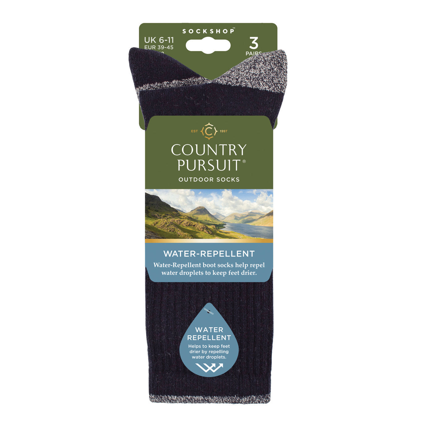 3 Pairs Men's Water Repellent Boot Socks - Navy