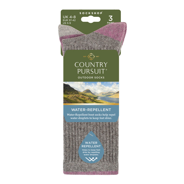 3 Pairs Women's Water Repellent Boot Socks - Grey & Pink