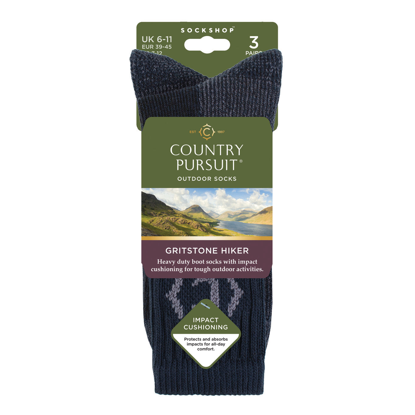 3 Pairs Men's Gritstone Hiker Boot Socks - Dark Blue
