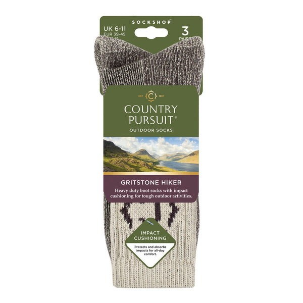 3 Pairs Men's Gritstone Hiker Boot Socks - Stone