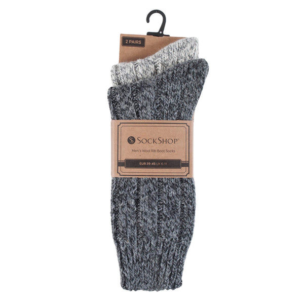 2 Pairs Men's Wool Ribbed Boot Socks - Grey & Charcoal